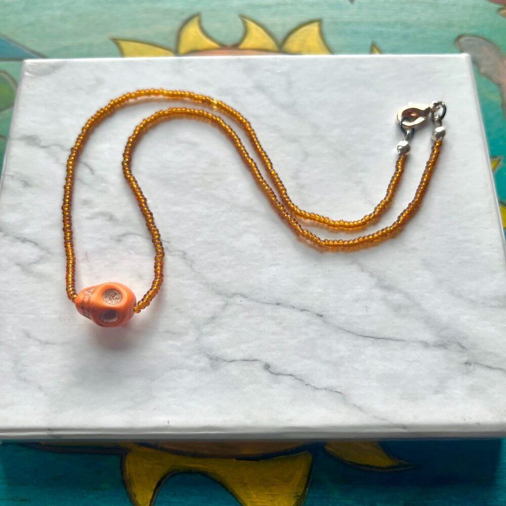 Orange Candy Skull Seed Beaded Choker Necklace